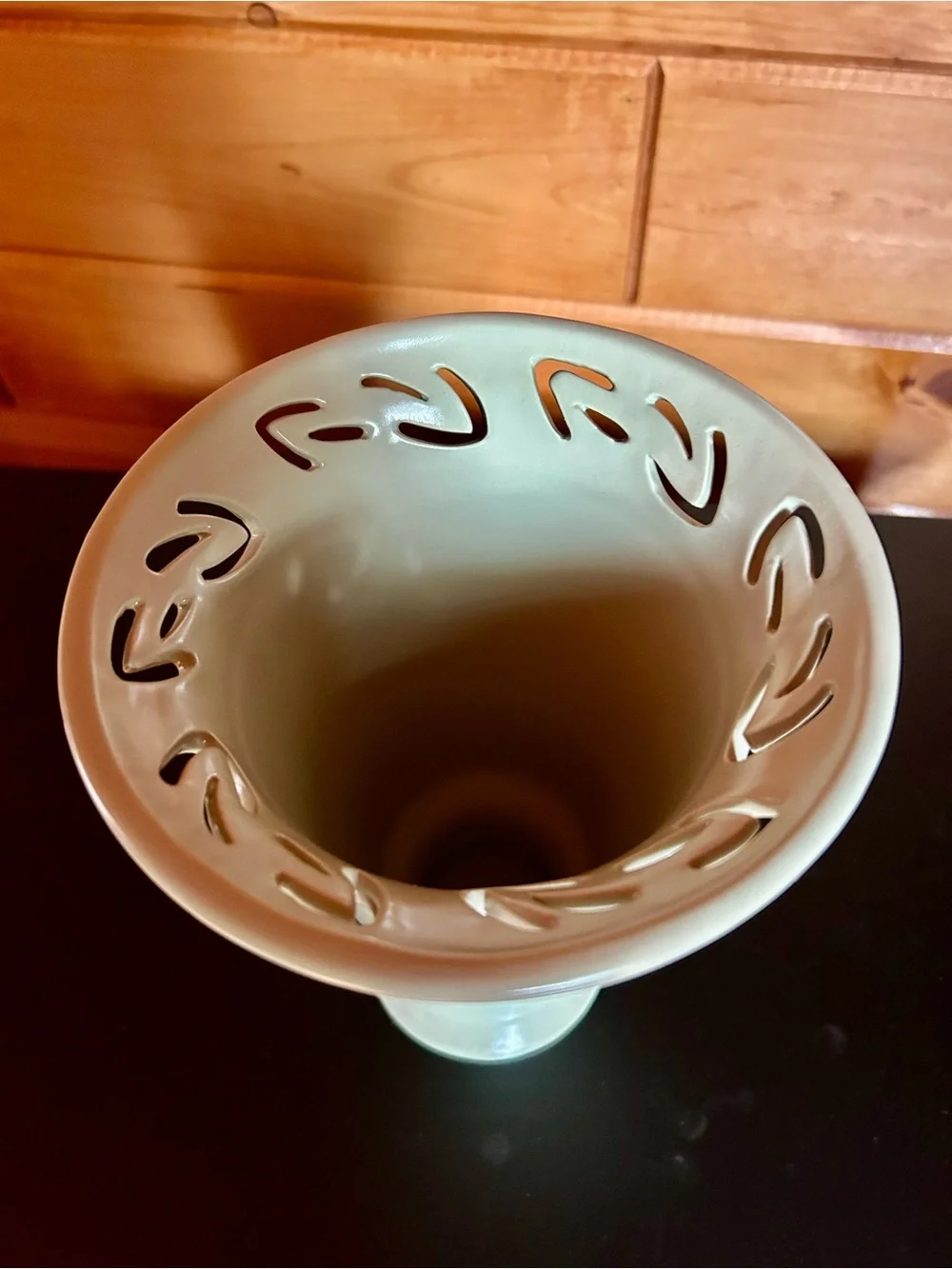 Decorative Sage Green Ceramic Pedestal Vase with Cutout Rim